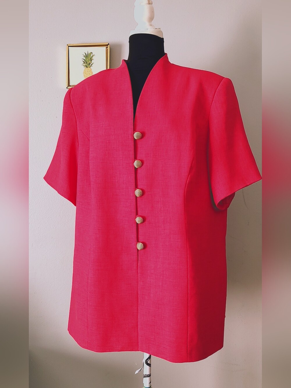 Bright Pink Structured Short-Sleeve Jacket with Gold Buttons